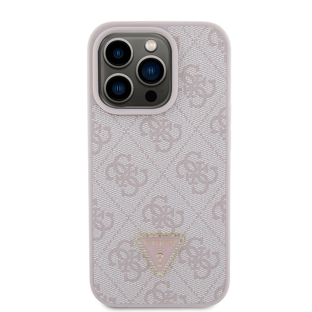 Apple iPhone 15 Pro Case Guess Original Licensed PU Leather Stone Triangle Logo 4G Patterned Strass Cover Black