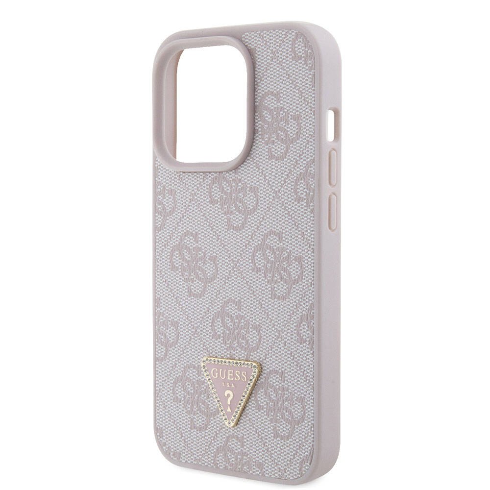 Apple iPhone 15 Pro Case Guess Original Licensed PU Leather Stone Triangle Logo 4G Patterned Strass Cover Brown