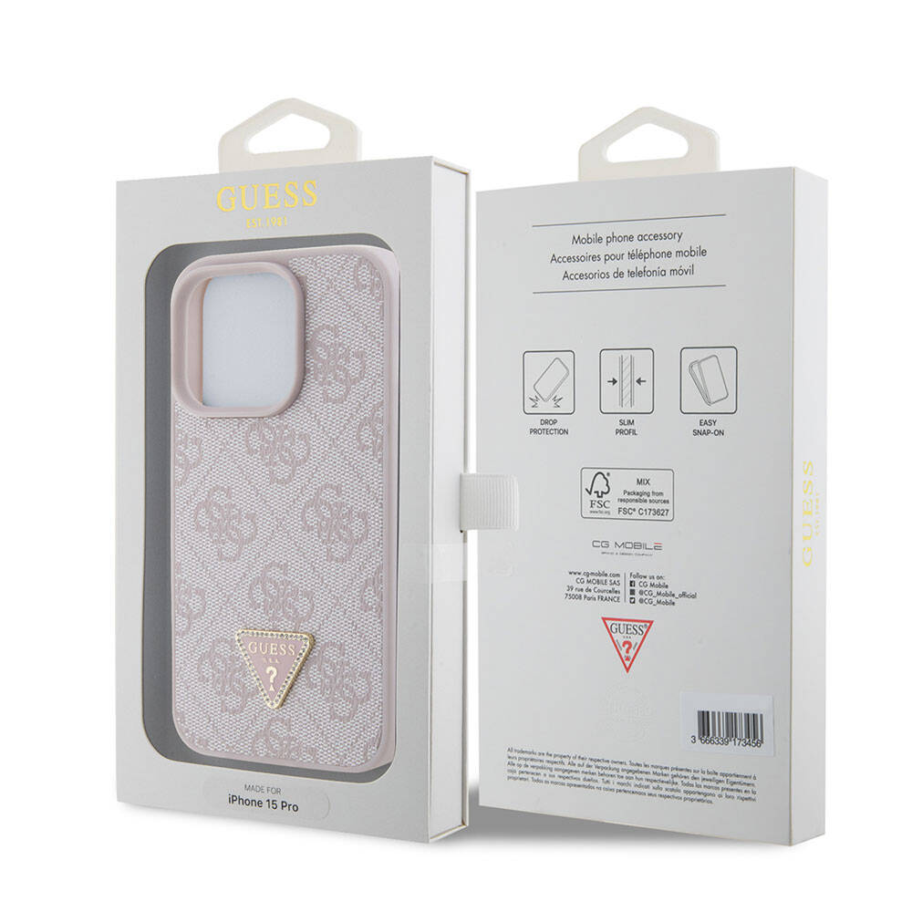 Apple iPhone 15 Pro Case Guess Original Licensed PU Leather Stone Triangle Logo 4G Patterned Strass Cover Brown