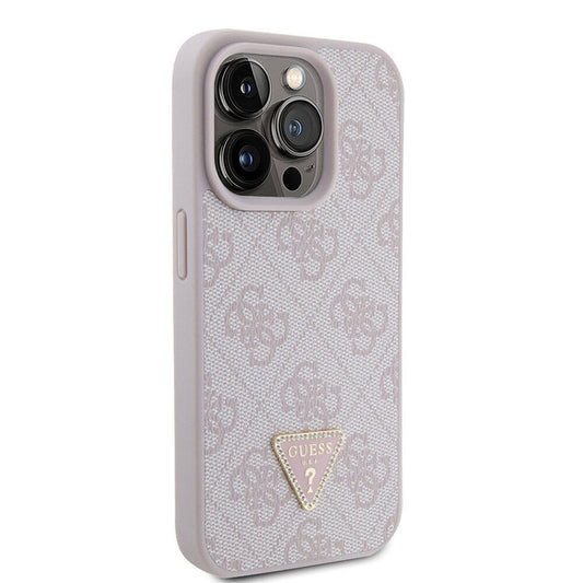 Apple iPhone 15 Pro Case Guess Original Licensed PU Leather Stone Triangle Logo 4G Patterned Strass Cover Pink