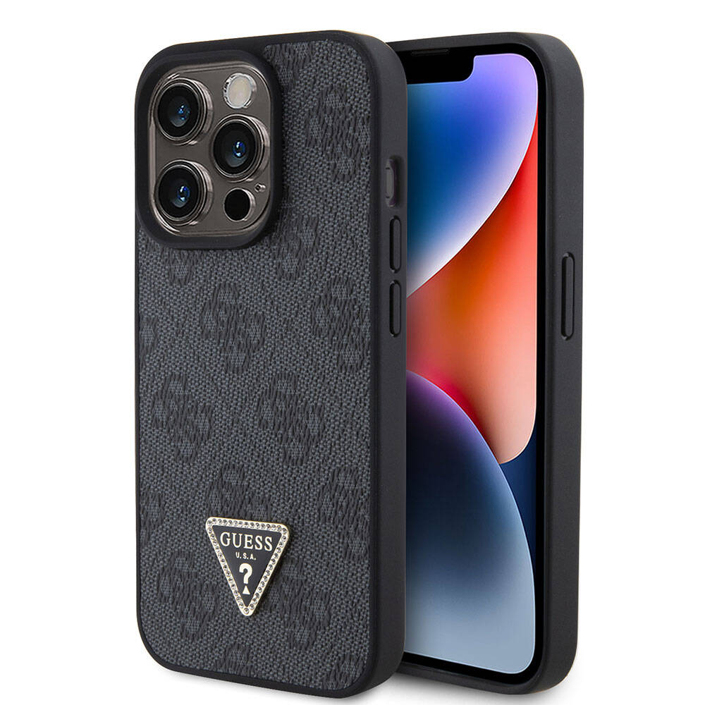 Apple iPhone 15 Pro Case Guess Original Licensed PU Leather Stone Triangle Logo 4G Patterned Strass Cover Brown