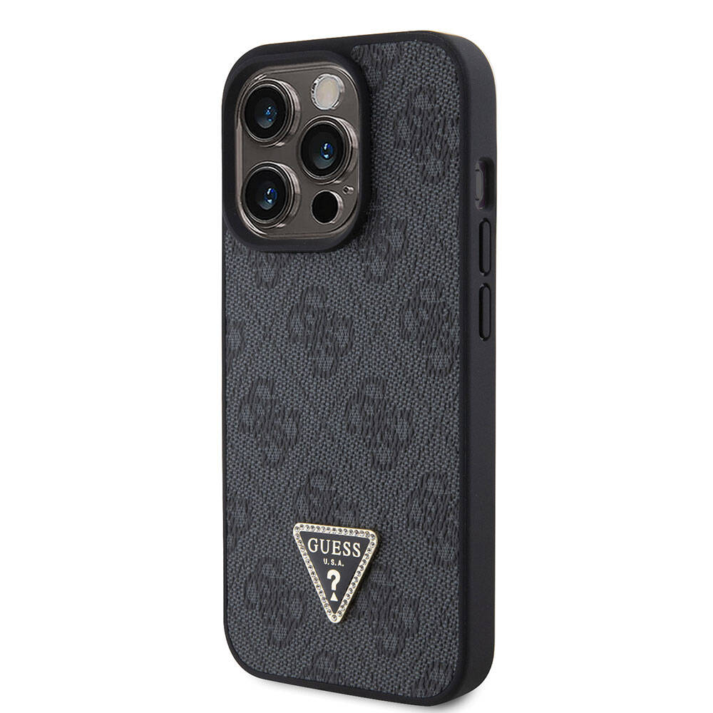 Apple iPhone 15 Pro Case Guess Original Licensed PU Leather Stone Triangle Logo 4G Patterned Strass Cover Brown