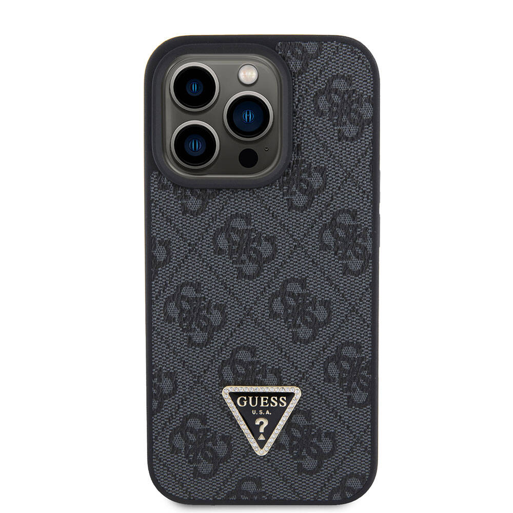 Apple iPhone 15 Pro Case Guess Original Licensed PU Leather Stone Triangle Logo 4G Patterned Strass Cover Brown
