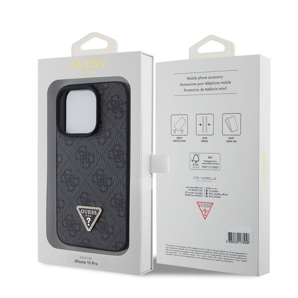 Apple iPhone 15 Pro Case Guess Original Licensed PU Leather Stone Triangle Logo 4G Patterned Strass Cover Brown