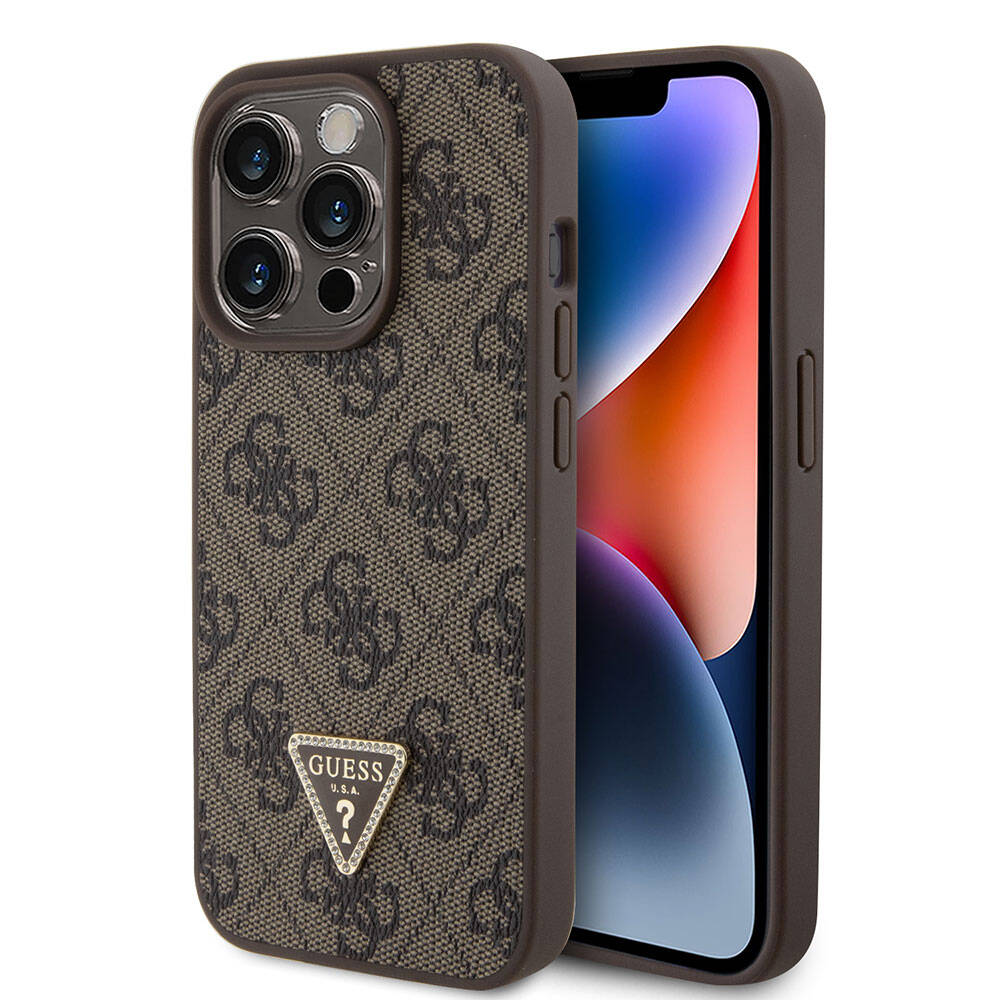 Apple iPhone 15 Pro Case Guess Original Licensed PU Leather Stone Triangle Logo 4G Patterned Strass Cover Brown