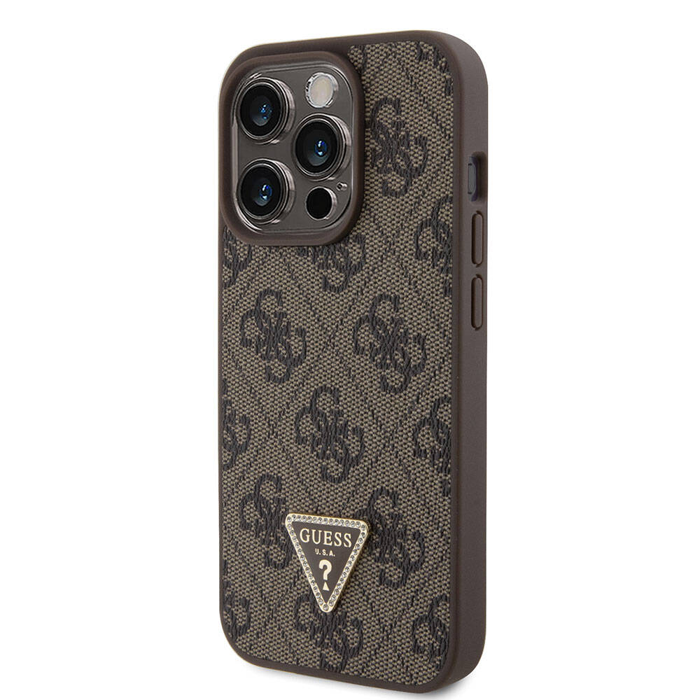 Apple iPhone 15 Pro Case Guess Original Licensed PU Leather Stone Triangle Logo 4G Patterned Strass Cover Brown