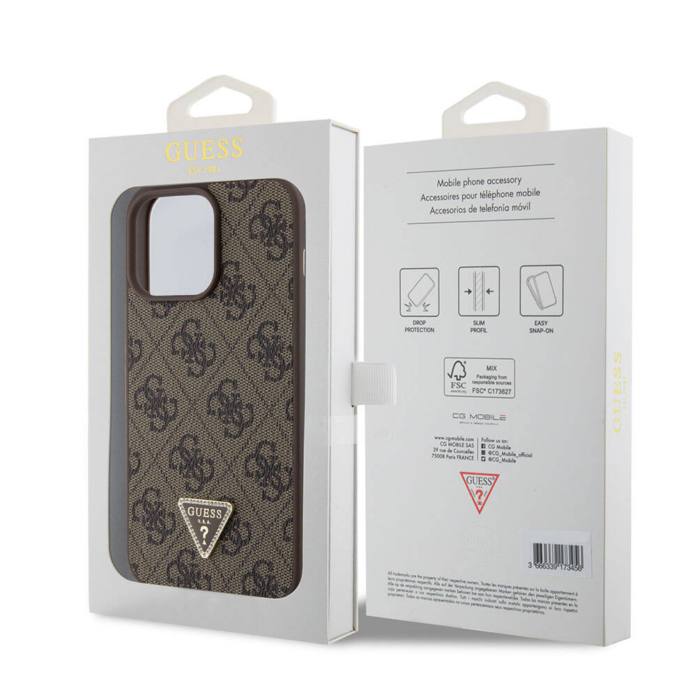 Apple iPhone 15 Pro Case Guess Original Licensed PU Leather Stone Triangle Logo 4G Patterned Strass Cover Brown