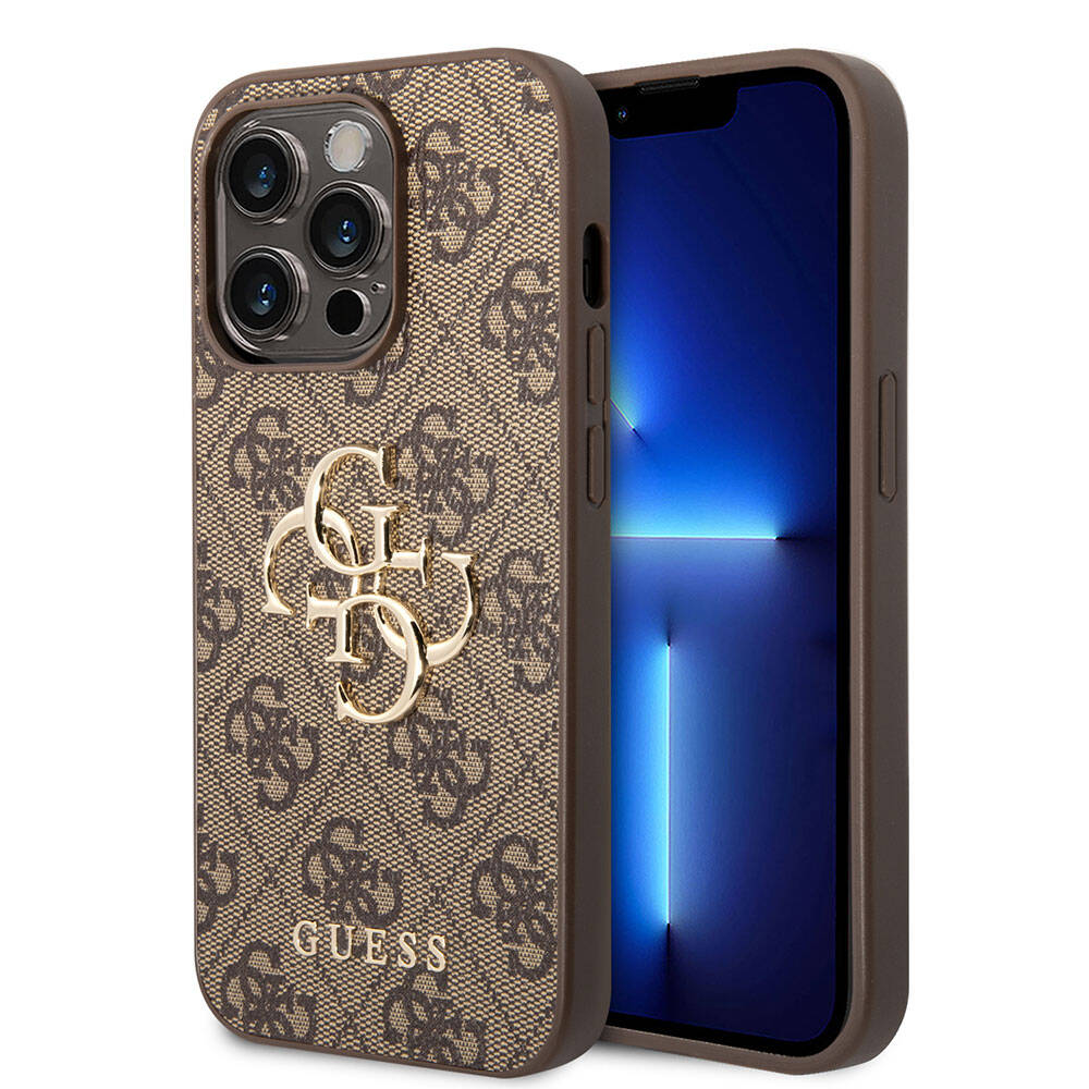 Apple iPhone 15 Pro Case Guess Original Licensed PU Leather Cover with Text and 4G Metal Logo Pattern Brown