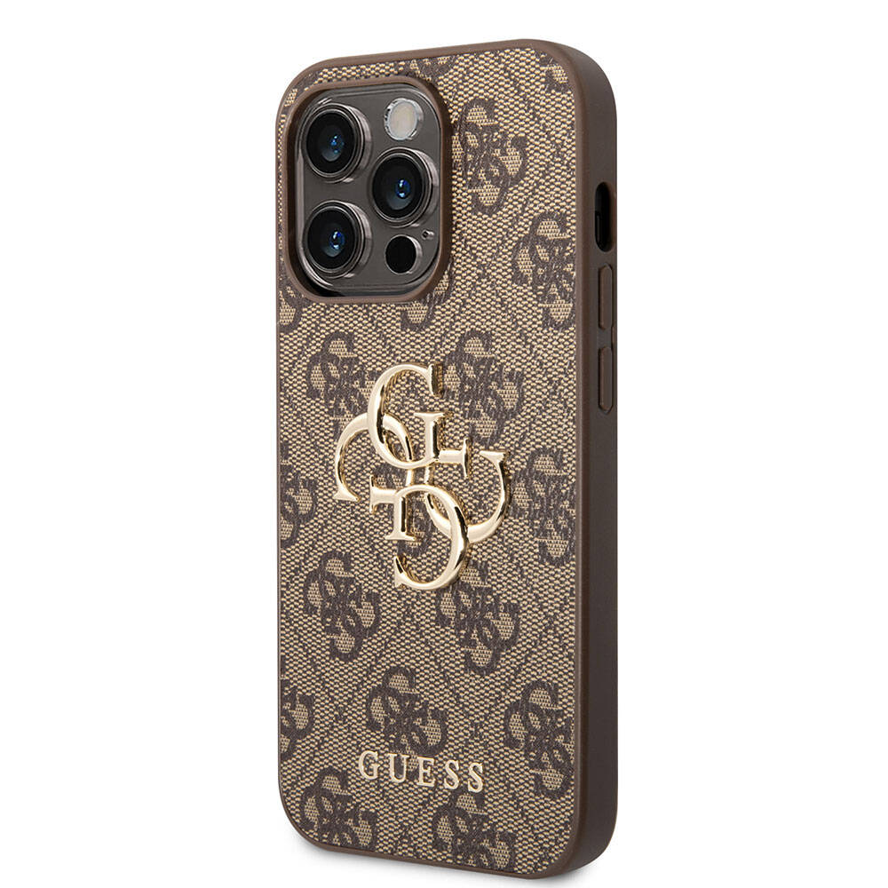 Apple iPhone 15 Pro Case Guess Original Licensed PU Leather Cover with Text and 4G Metal Logo Pattern Brown