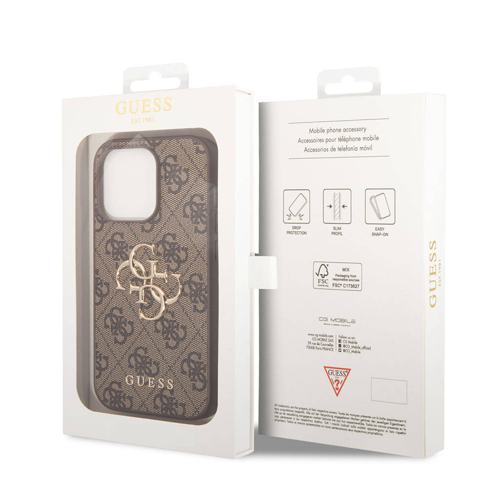 Apple iPhone 15 Pro Case Guess Original Licensed PU Leather Cover with Text and 4G Metal Logo Pattern Brown