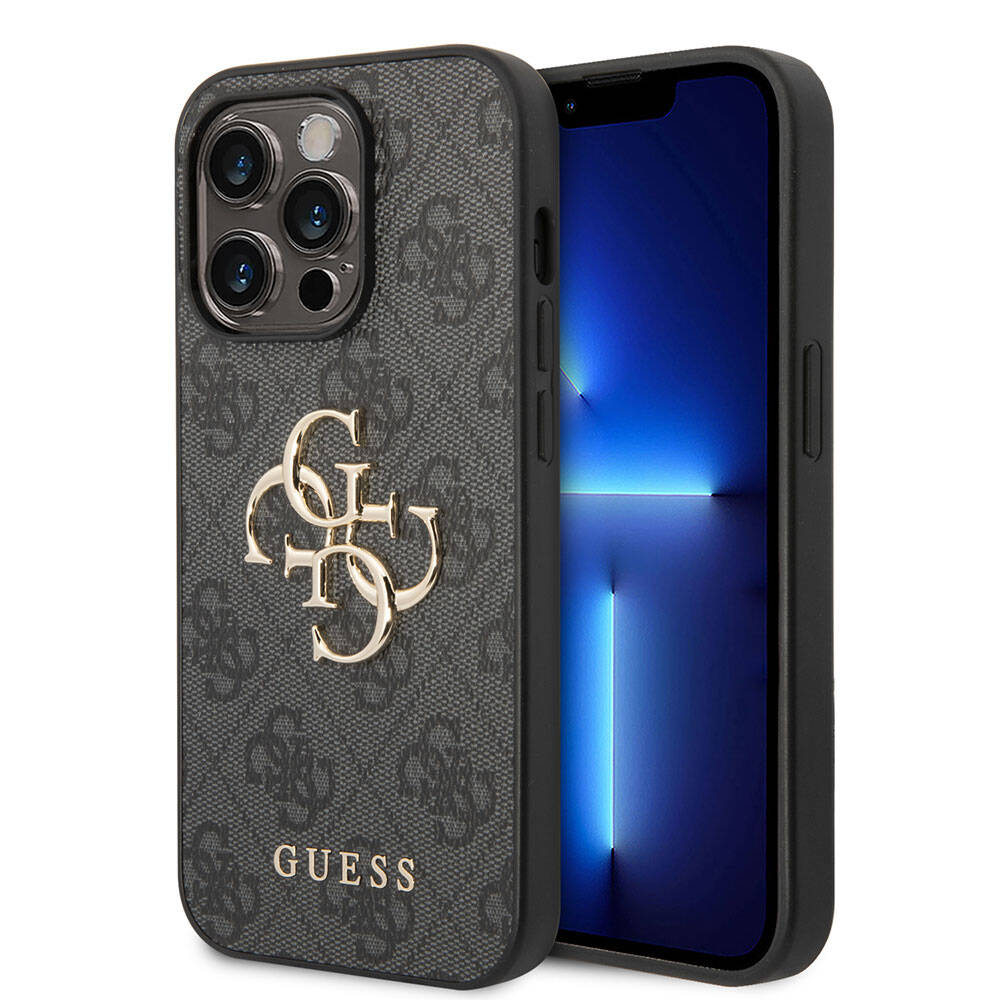 Apple iPhone 15 Pro Case Guess Original Licensed PU Leather Cover with Text and 4G Metal Logo Pattern Brown