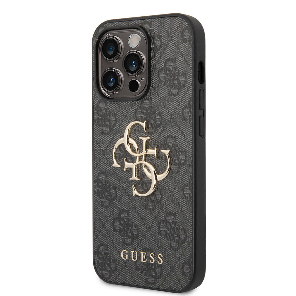 Apple iPhone 15 Pro Case Guess Original Licensed PU Leather Cover with Text and 4G Metal Logo Pattern Brown
