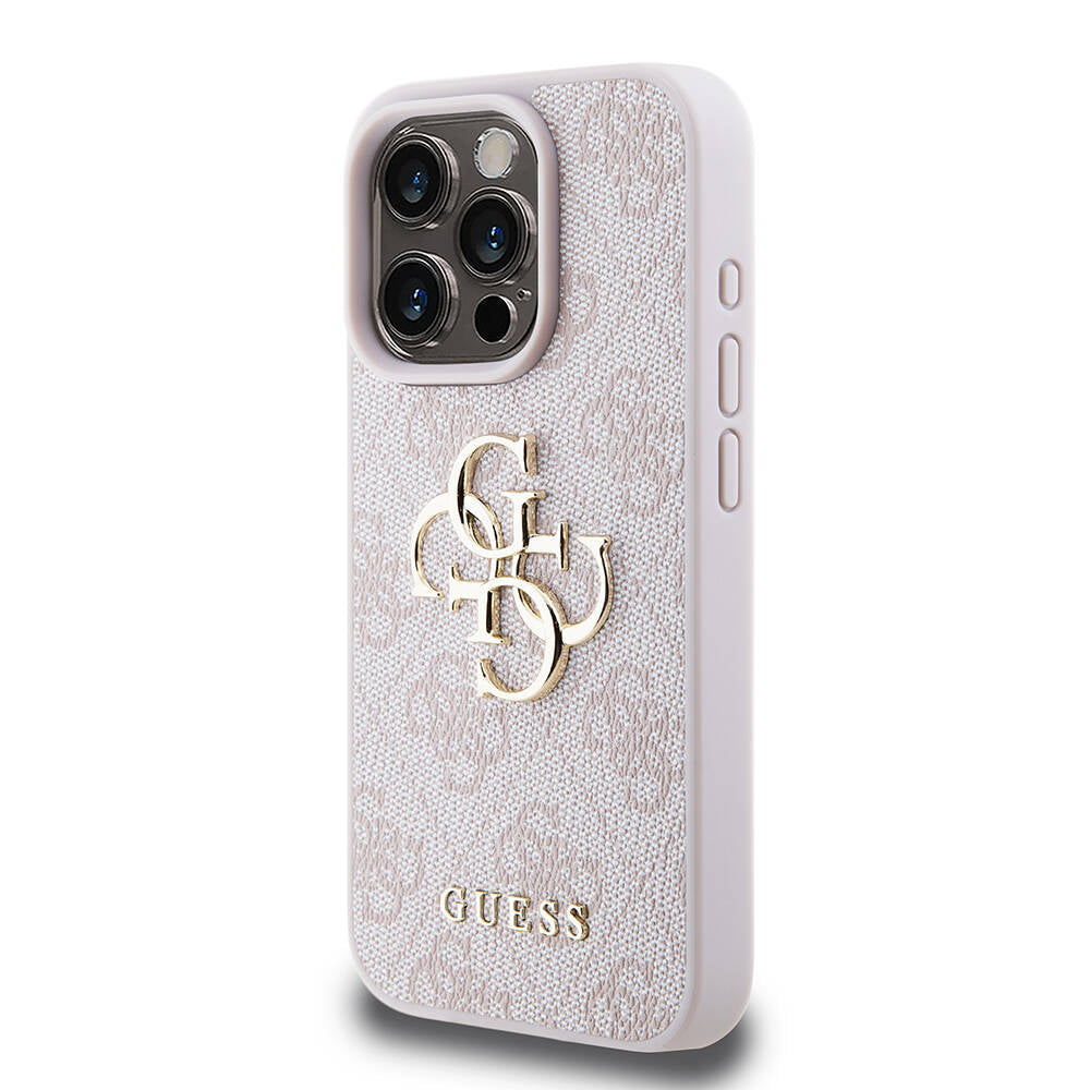 Apple iPhone 15 Pro Case Guess Original Licensed PU Leather Cover with Text and 4G Metal Logo Pattern Pink