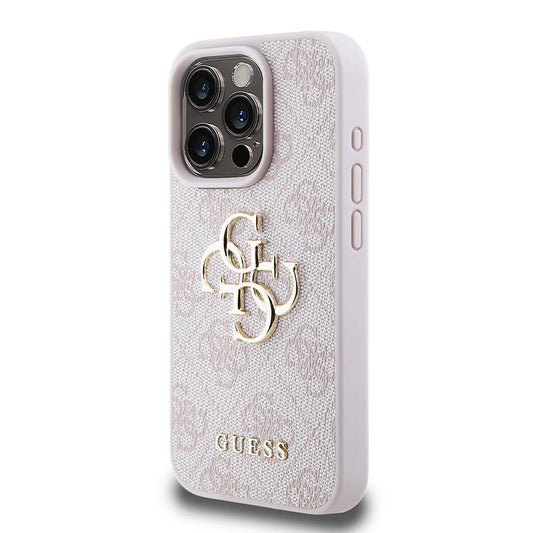 Apple iPhone 15 Pro Case Guess Original Licensed PU Leather Cover with Text and 4G Metal Logo Pattern Pink