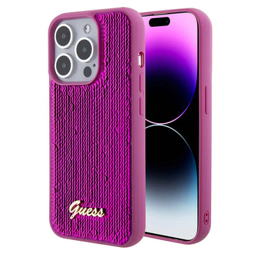 Apple iPhone 15 Pro Case Guess Original Licensed Sequin Back Surface Metal Lettering Logo Sequin Script Cover Silver