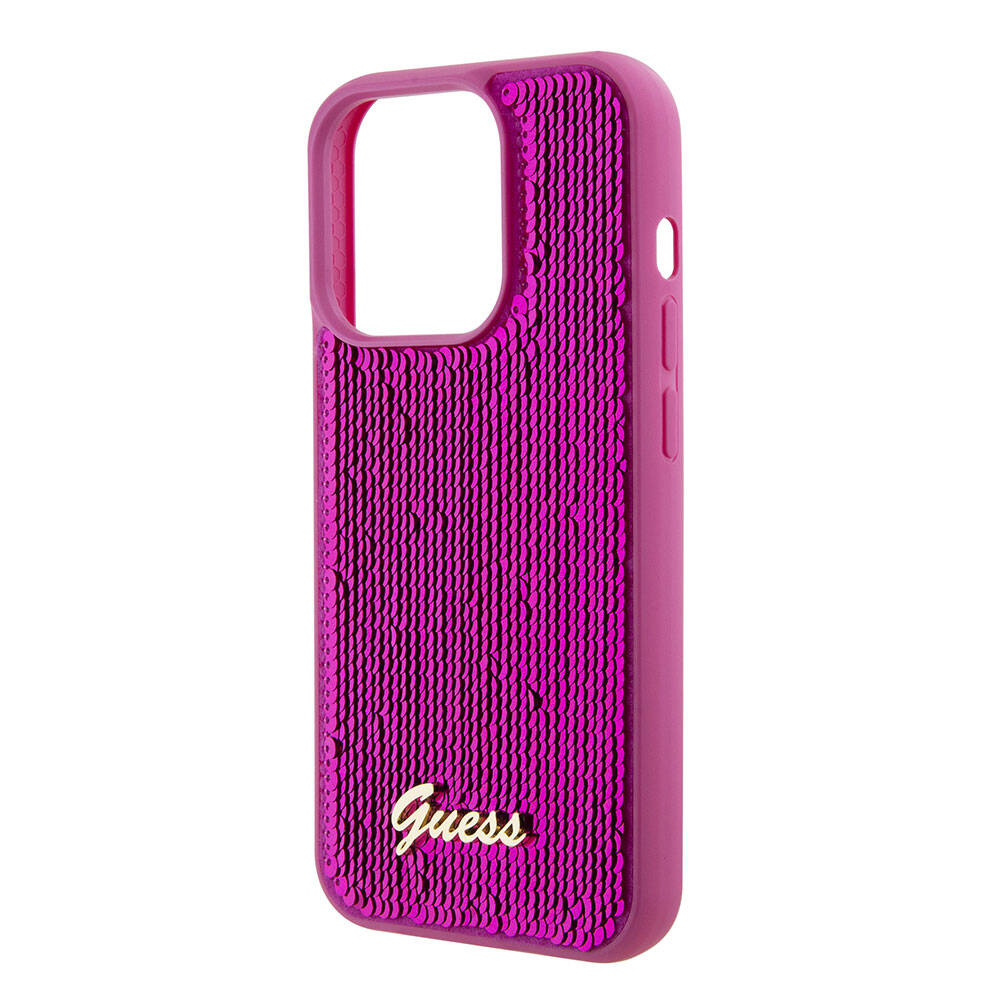 Apple iPhone 15 Pro Case Guess Original Licensed Sequin Back Surface Metal Lettering Logo Sequin Script Cover Silver