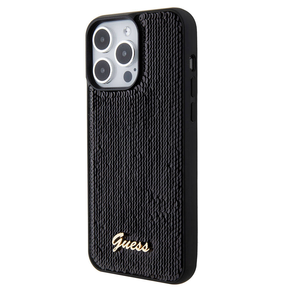 Apple iPhone 15 Pro Case Guess Original Licensed Sequin Back Surface Metal Lettering Logo Sequin Script Cover Silver