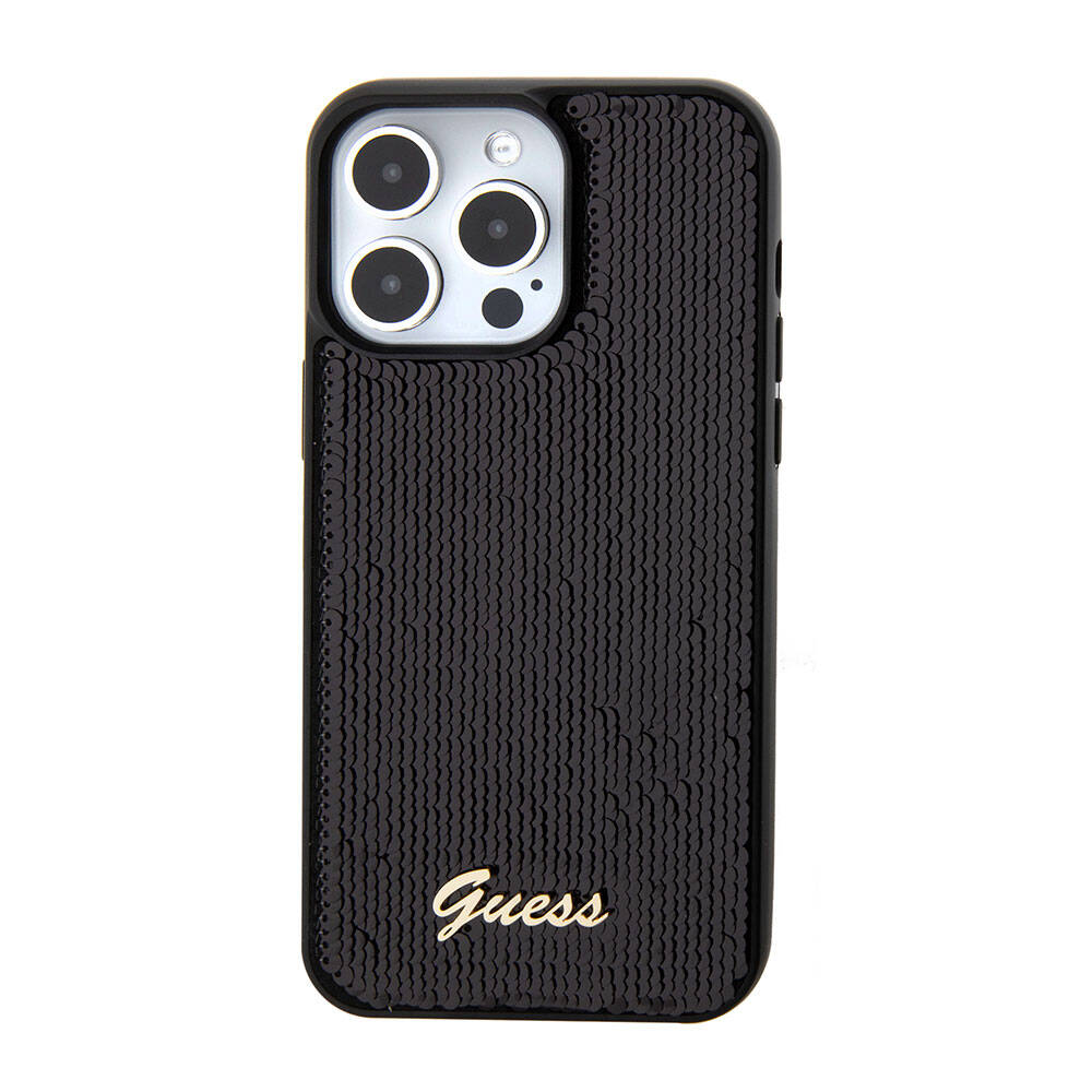 Apple iPhone 15 Pro Case Guess Original Licensed Sequin Back Surface Metal Lettering Logo Sequin Script Cover Silver