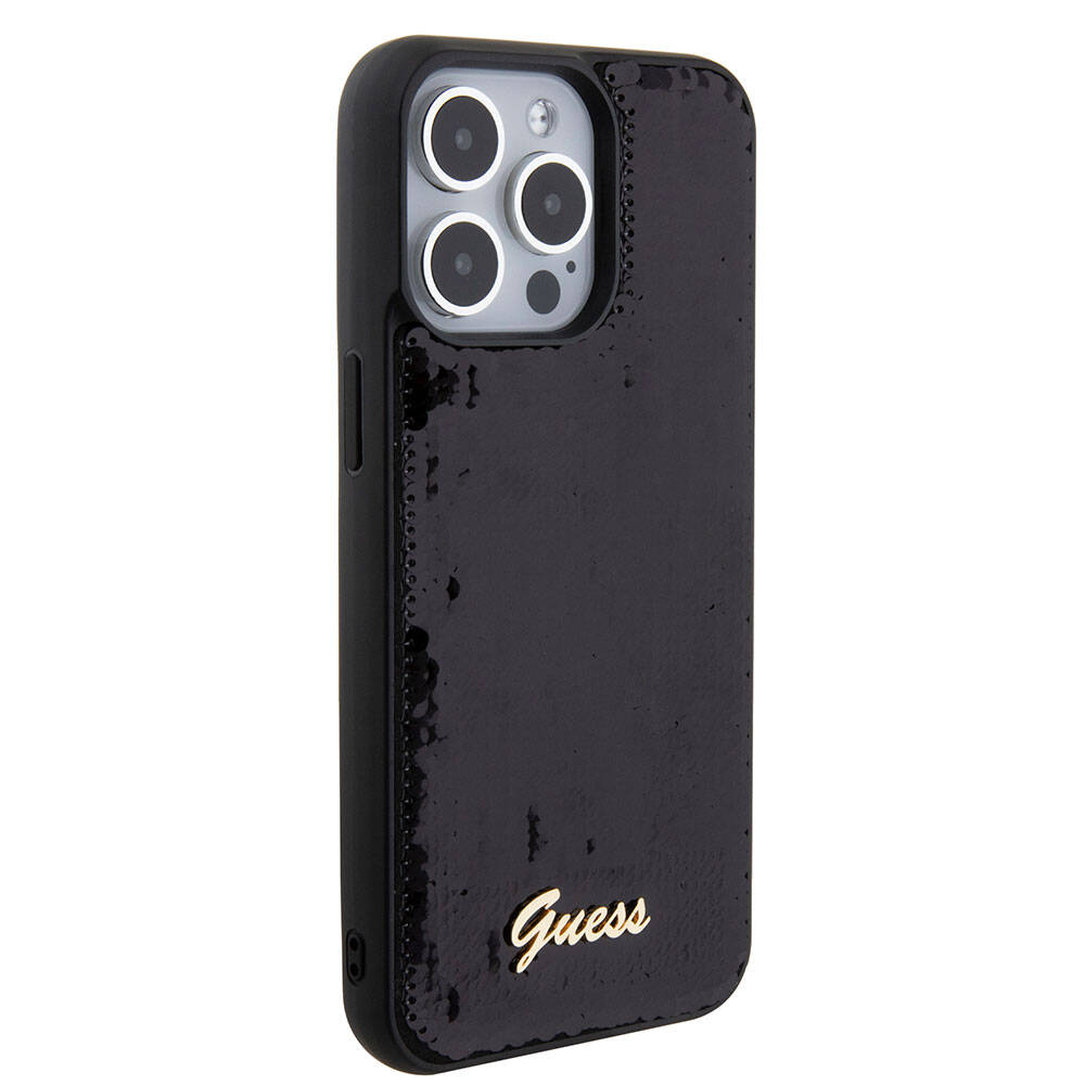 Apple iPhone 15 Pro Case Guess Original Licensed Sequin Back Surface Metal Lettering Logo Sequin Script Cover Silver