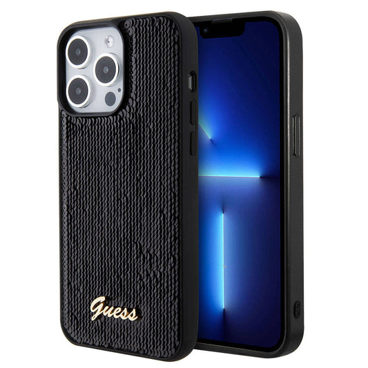 Apple iPhone 15 Pro Case Guess Original Licensed Sequin Back Surface Metal Letter Logo Sequin Script Cover Black