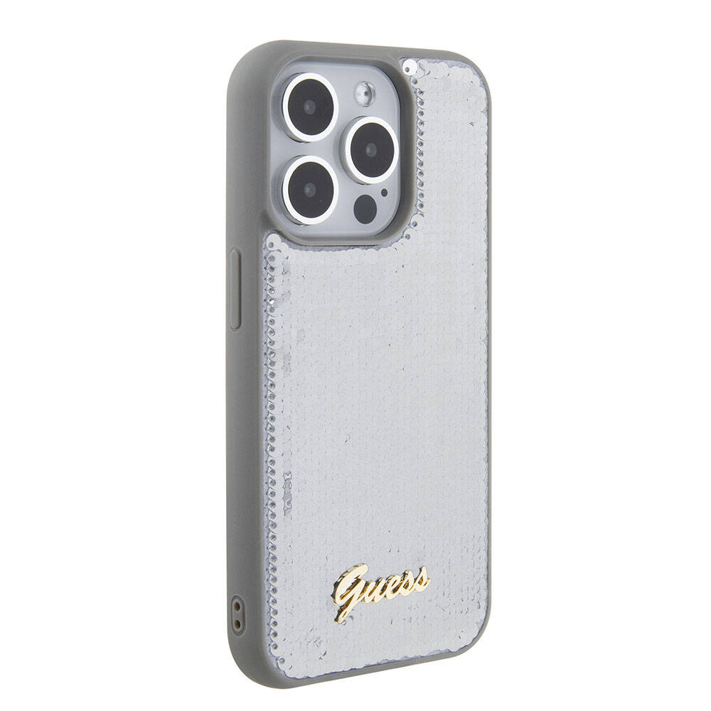Apple iPhone 15 Pro Case Guess Original Licensed Sequin Back Surface Metal Lettering Logo Sequin Script Cover Silver