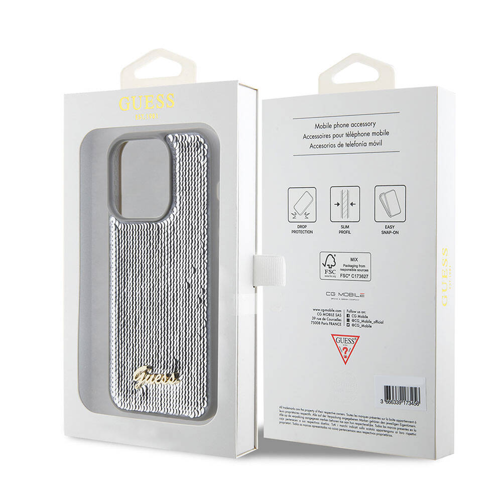 Apple iPhone 15 Pro Case Guess Original Licensed Sequin Back Surface Metal Lettering Logo Sequin Script Cover Silver