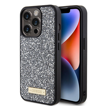 Apple iPhone 15 Pro Case Guess Original Licensed Stone Back Surface Metal Text Logo Cover Silver