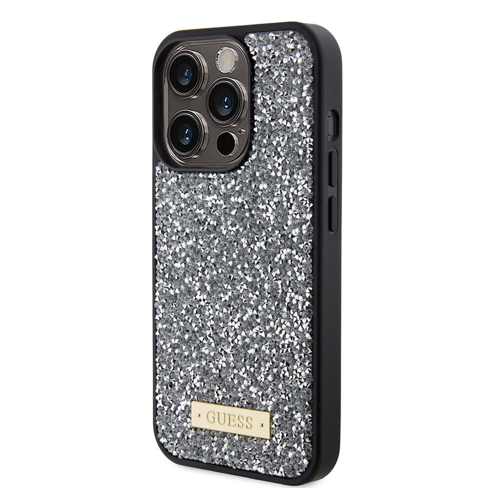Apple iPhone 15 Pro Case Guess Original Licensed Stone Back Surface Metal Text Logo Cover Silver