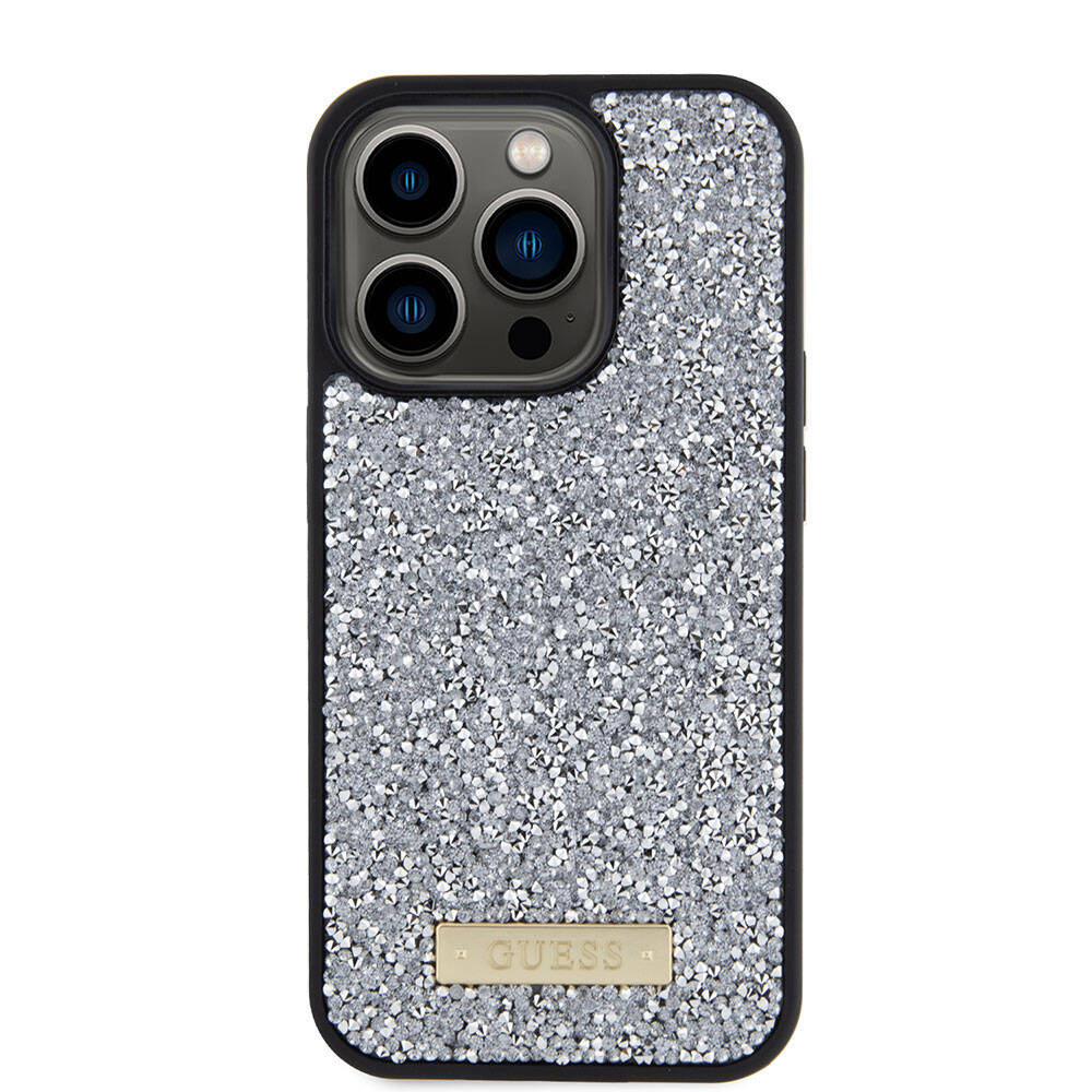 Apple iPhone 15 Pro Case Guess Original Licensed Stone Back Surface Metal Text Logo Cover Silver
