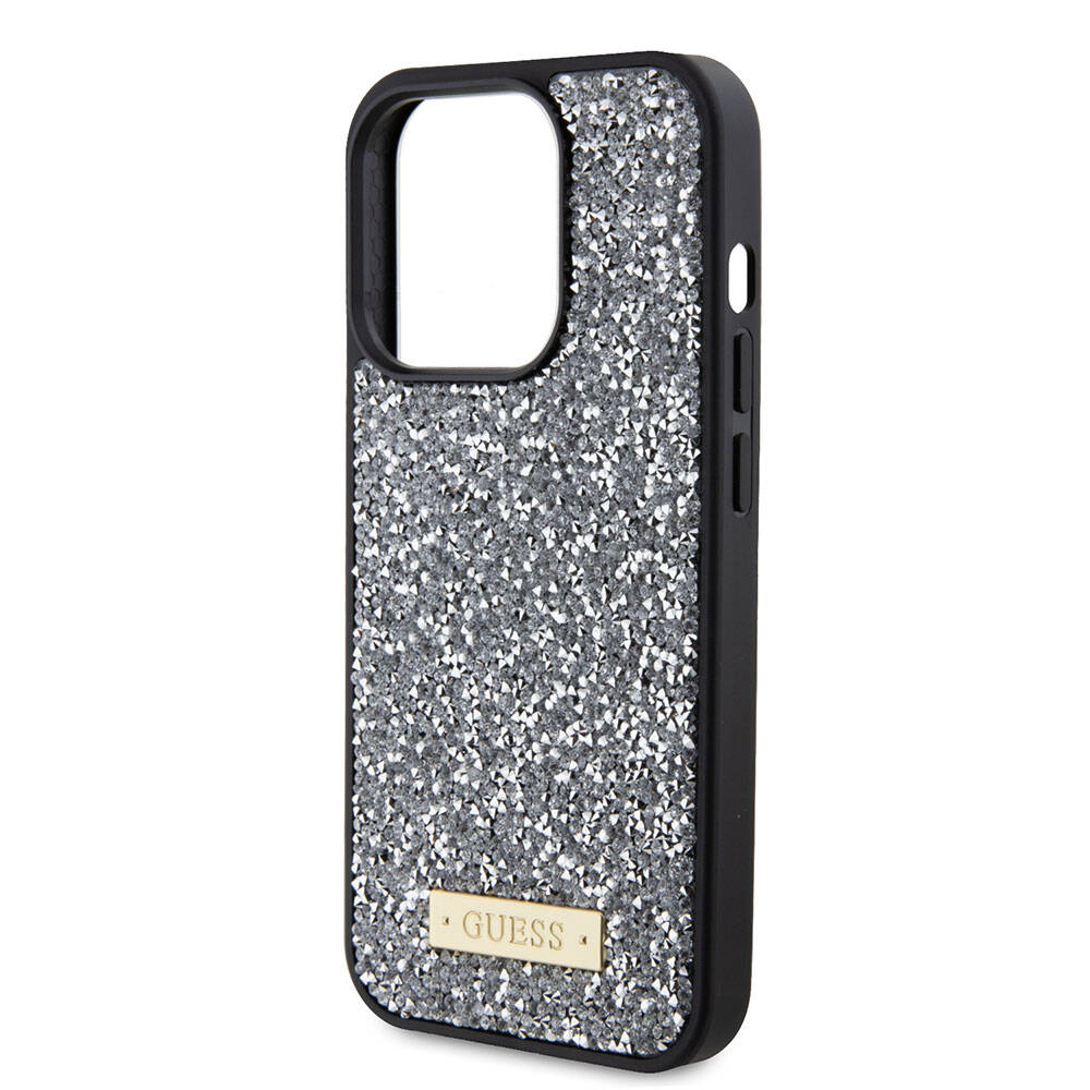 Apple iPhone 15 Pro Case Guess Original Licensed Stone Back Surface Metal Text Logo Cover Silver