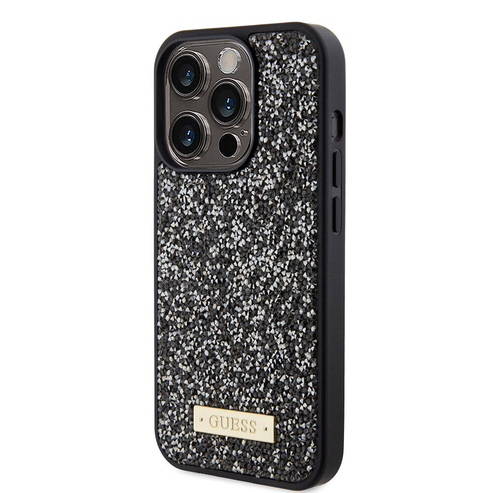 Apple iPhone 15 Pro Case Guess Original Licensed Stone Back Surface Metal Text Logo Cover Silver