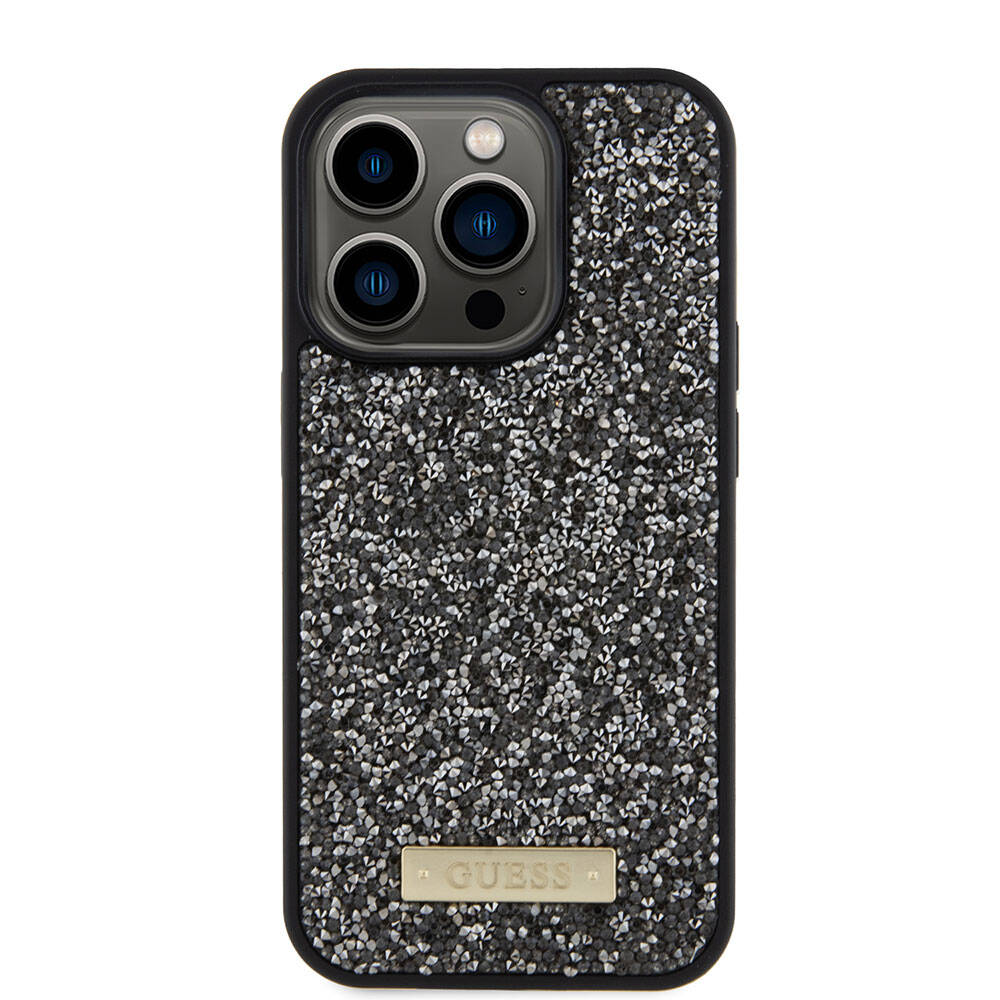 Apple iPhone 15 Pro Case Guess Original Licensed Stone Back Surface Metal Text Logo Cover Silver