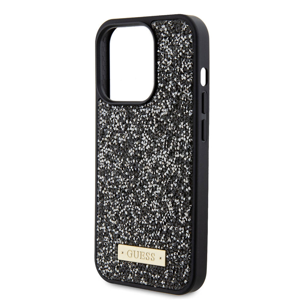 Apple iPhone 15 Pro Case Guess Original Licensed Stone Back Surface Metal Text Logo Cover Silver