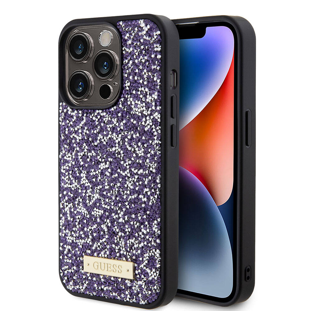 Apple iPhone 15 Pro Case Guess Original Licensed Stone Back Surface Metal Text Logo Cover Black