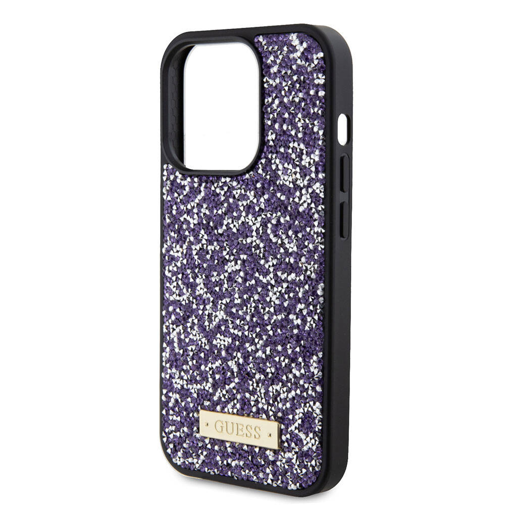 Apple iPhone 15 Pro Case Guess Original Licensed Stone Back Surface Metal Text Logo Cover Silver