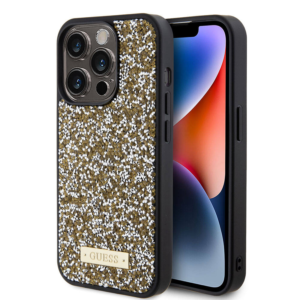 Apple iPhone 15 Pro Case Guess Original Licensed Stone Back Surface Metal Text Logo Cover Black