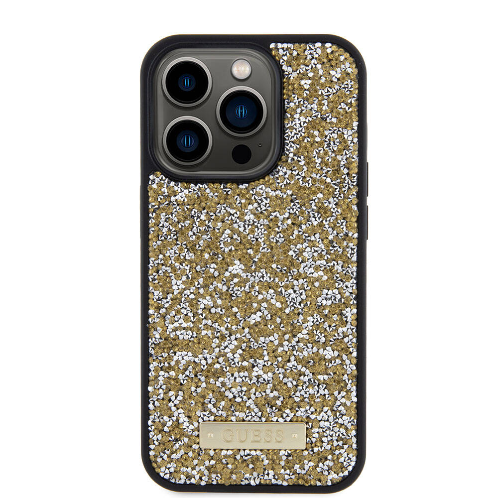 Apple iPhone 15 Pro Case Guess Original Licensed Stone Back Surface Metal Text Logo Cover Silver