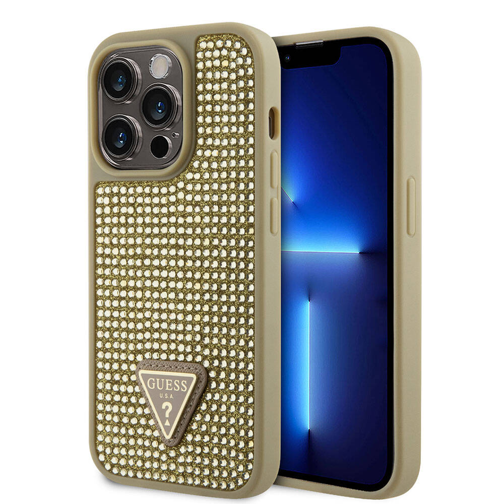 Apple iPhone 15 Pro Case Guess Original Licensed Stone Back Surface Triangle Logo Cover Gold