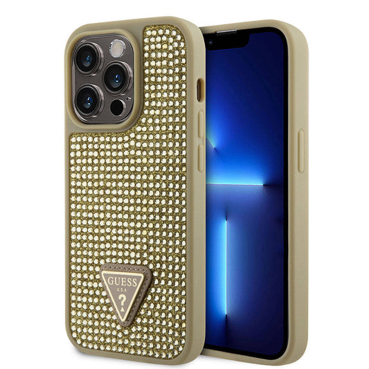 Apple iPhone 15 Pro Case Guess Original Licensed Stone Back Surface Triangle Logo Cover Gold
