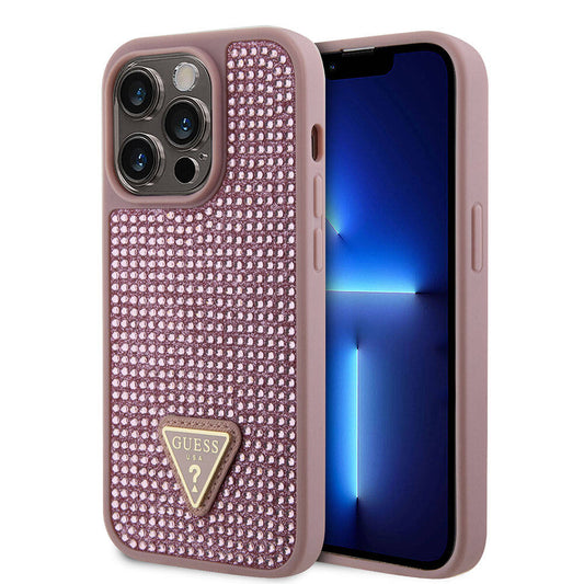 Apple iPhone 15 Pro Case Guess Original Licensed Stone Back Surface Triangle Logo Cover Pink