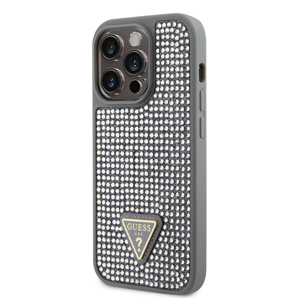 Apple iPhone 15 Pro Case Guess Original Licensed Stone Back Surface Triangle Logo Cover Silver