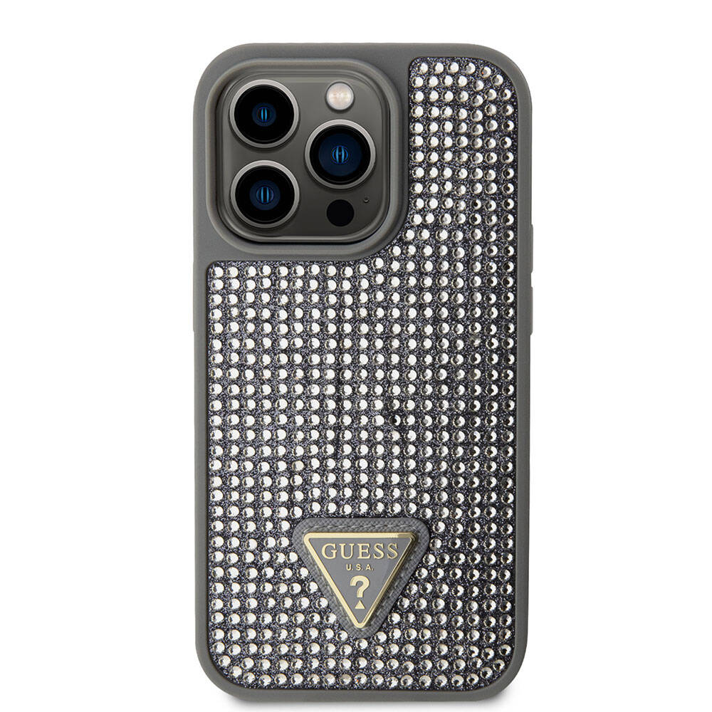 Apple iPhone 15 Pro Case Guess Original Licensed Stone Back Surface Triangle Logo Cover Silver