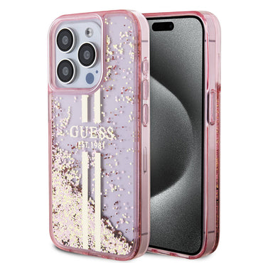 Apple iPhone 15 Pro Case Guess Original Licensed Transparent Liquid Glitter Gold Striped Cover Purple
