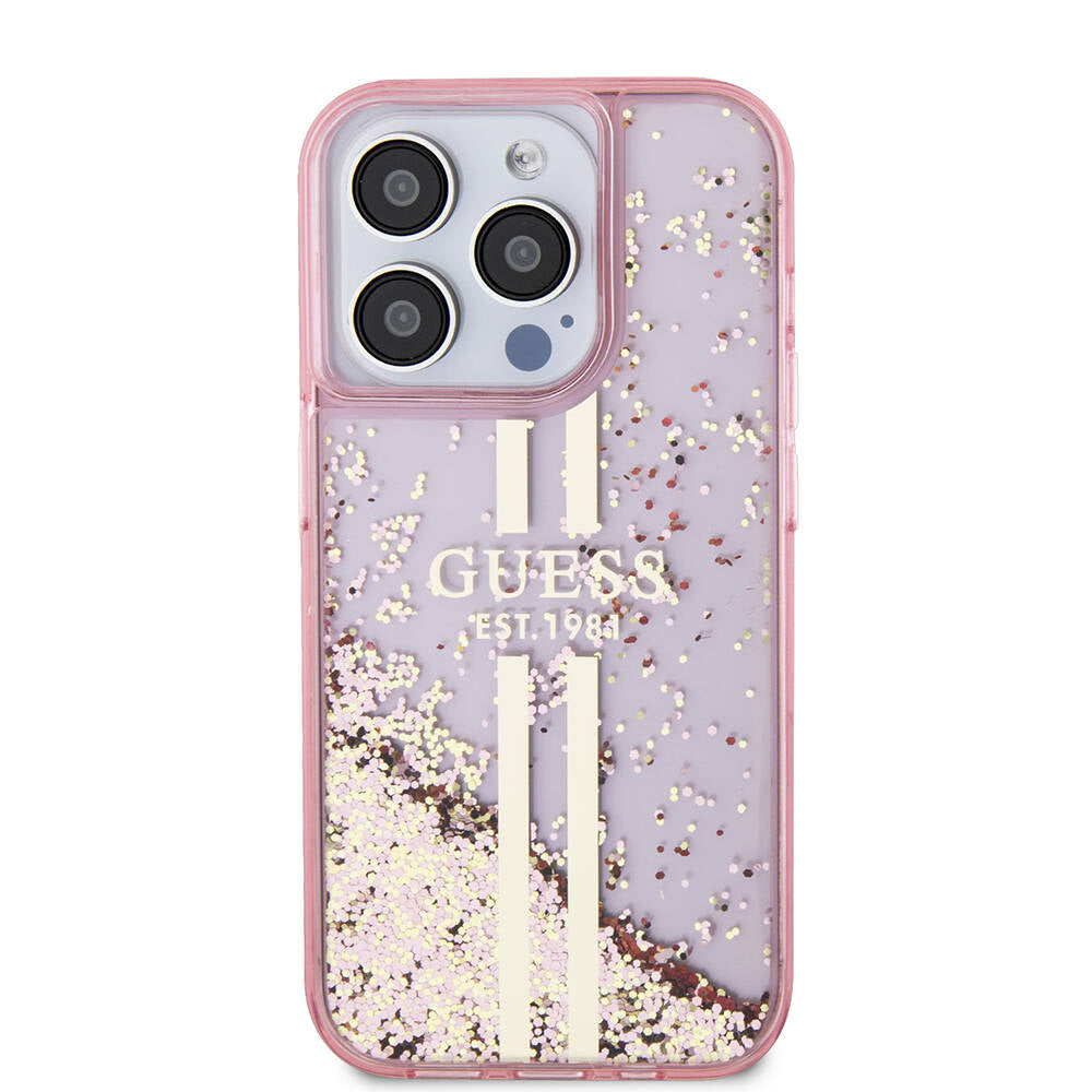 Apple iPhone 15 Pro Case Guess Original Licensed Transparent Liquid Glitter Gold Striped Cover Purple