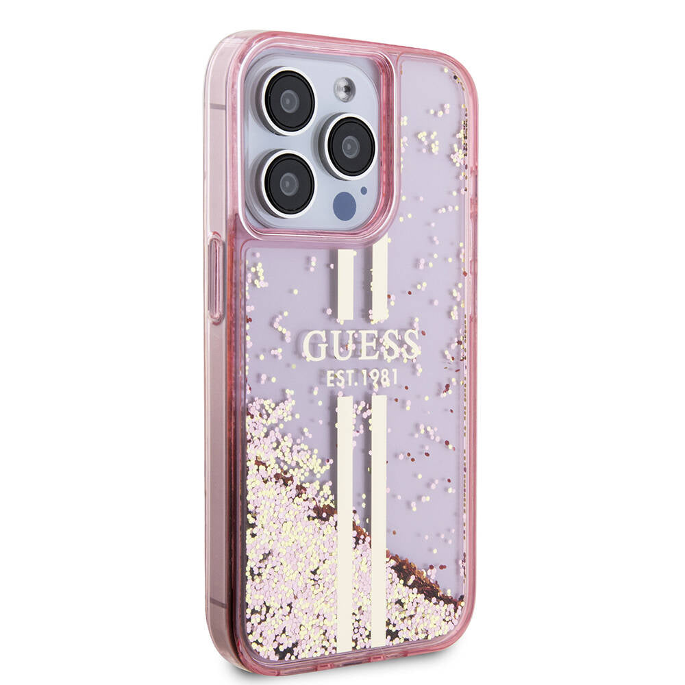 Apple iPhone 15 Pro Case Guess Original Licensed Transparent Liquid Glitter Gold Striped Cover Purple