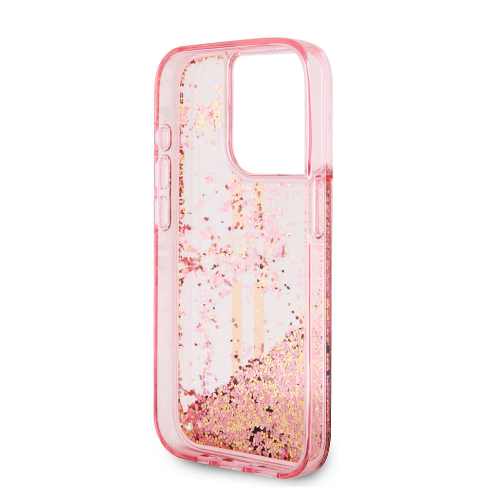 Apple iPhone 15 Pro Case Guess Original Licensed Transparent Liquid Glitter Gold Striped Cover Purple
