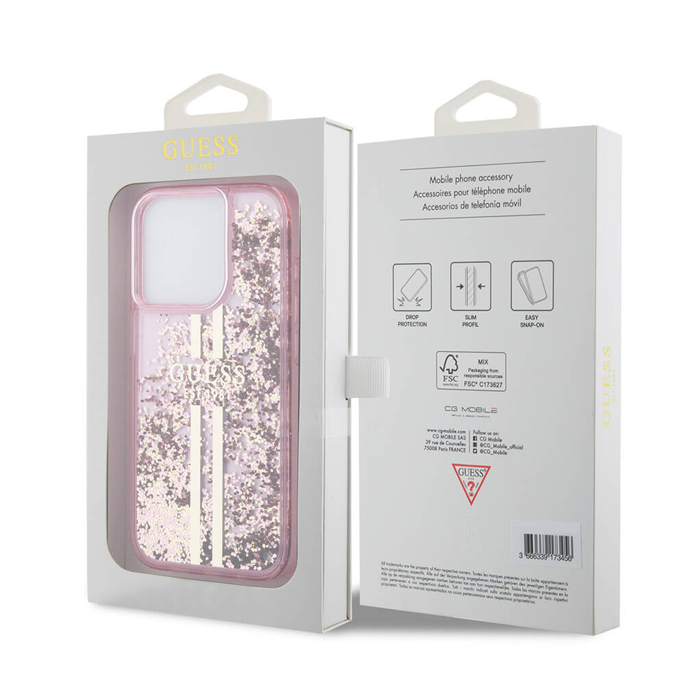 Apple iPhone 15 Pro Case Guess Original Licensed Transparent Liquid Glitter Gold Striped Cover Purple