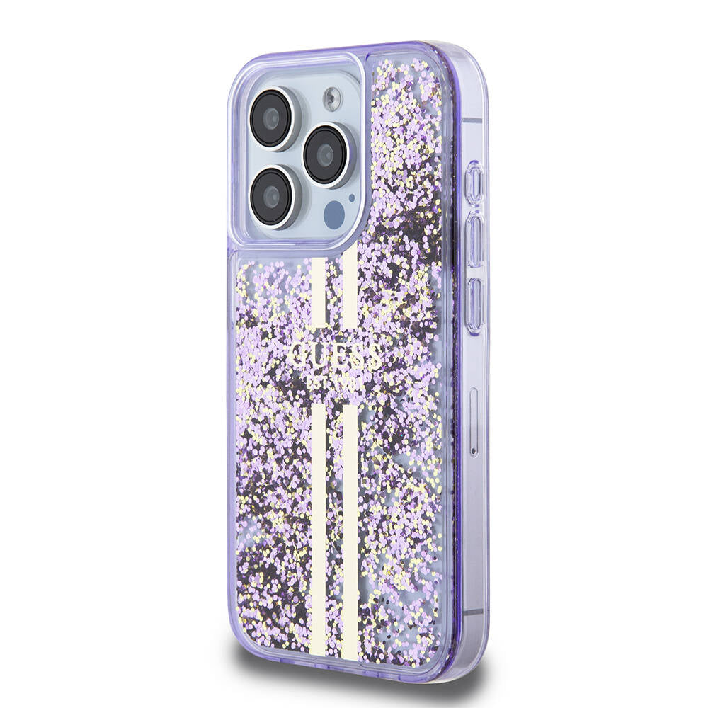 Apple iPhone 15 Pro Case Guess Original Licensed Transparent Liquid Glitter Gold Striped Cover Purple