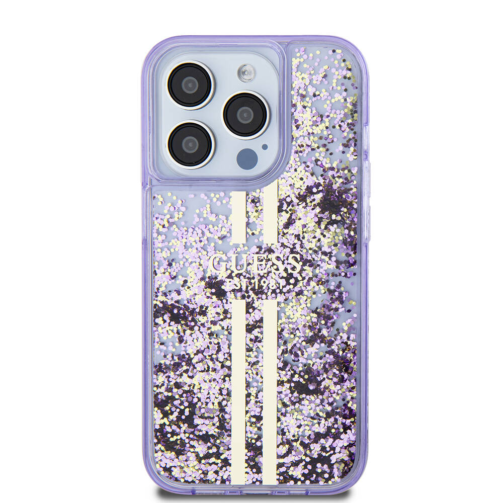 Apple iPhone 15 Pro Case Guess Original Licensed Transparent Liquid Glitter Gold Striped Cover Purple