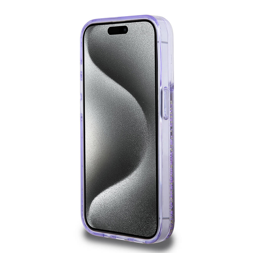 Apple iPhone 15 Pro Case Guess Original Licensed Transparent Liquid Glitter Gold Striped Cover Purple